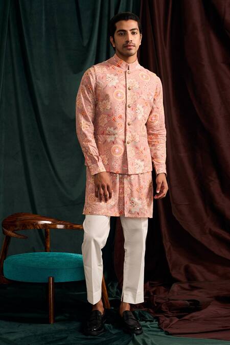 Project Bandi_Pink Cotton Embroidery Floral Printed Bundi And Kurta Set_at_Aza_Fashions