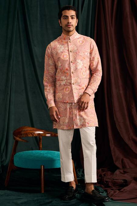 Buy_Project Bandi_Pink Cotton Embroidery Floral Printed Bundi And Kurta Set