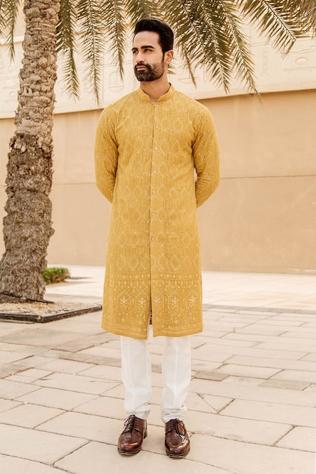 Shop_Soniya G_Yellow Lucknowi Kurta And Salwar Set _at_Aza_Fashions
