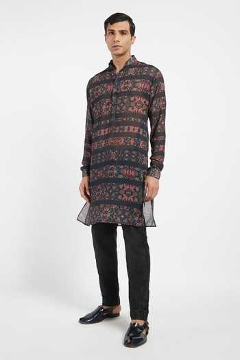 Rabani & Rakha_Black Kurta Georgette Pant Cotton Silk Printed Set _Online_at_Aza_Fashions