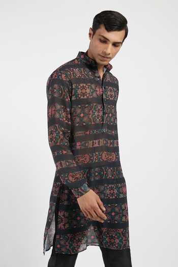 Buy_Rabani & Rakha_Black Kurta Georgette Pant Cotton Silk Printed Set _Online_at_Aza_Fashions