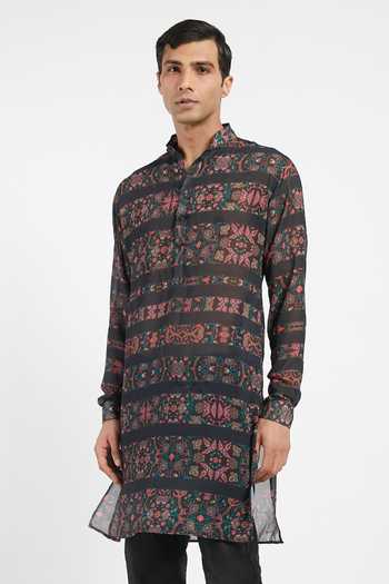 Shop_Rabani & Rakha_Black Kurta Georgette Pant Cotton Silk Printed Set _Online_at_Aza_Fashions