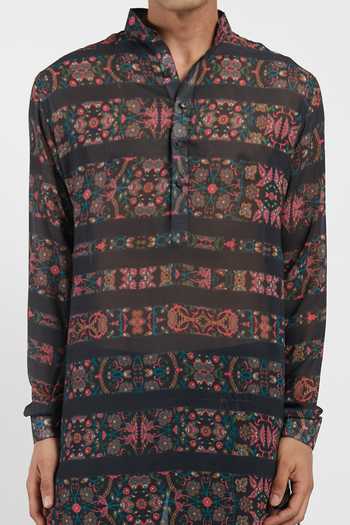 Rabani & Rakha_Black Kurta Georgette Pant Cotton Silk Printed Set _at_Aza_Fashions