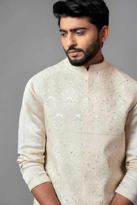 PAARSH_Beige Kora Embroidered Nehru Jacket _Online_at_Aza_Fashions