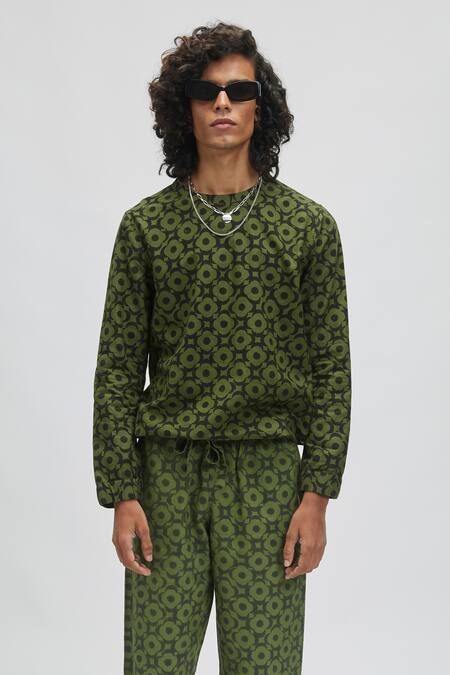 Terra Luna_Green 100% Organic Handloom Oxford Cotton Moon Bloom Mega Print Sweatshirt_Online_at_Aza_Fashions