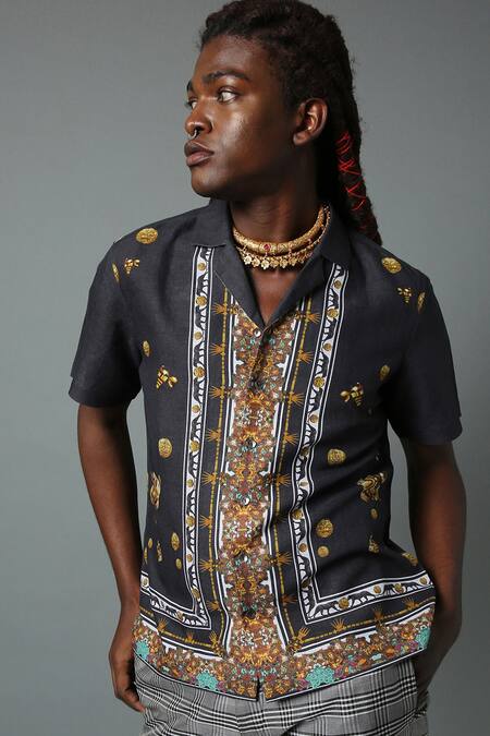House Of Three_Black Cotton Poplin Jewel Mural Hawaiian Shirt _Online_at_Aza_Fashions
