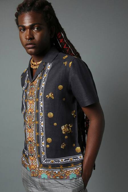 Buy_House Of Three_Black Cotton Poplin Jewel Mural Hawaiian Shirt _Online_at_Aza_Fashions