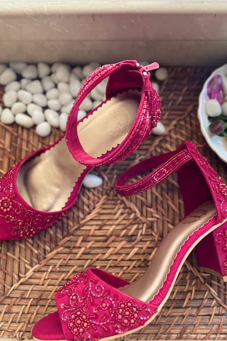 Buy Modanta Footwear Red Embroidery Bead Block Heels Online at Aza Fashions Buy_Modanta Footwear_Red Embroidery Bead Block Heels _Online_at_Aza_Fashions