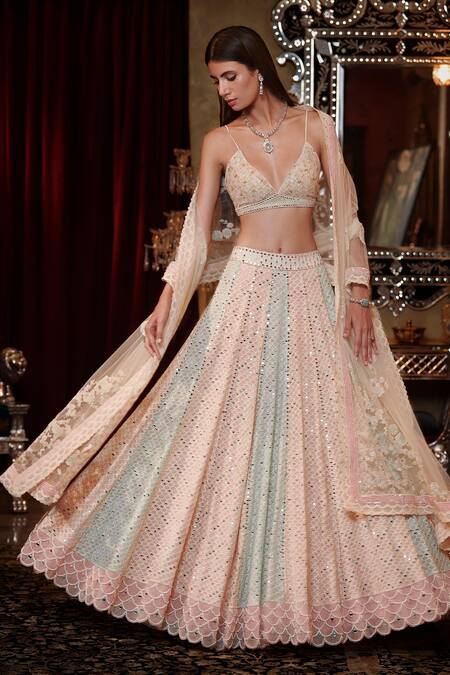 Shop_Sawan Gandhi_Multi Color Georgette Dupatta Net Mirror Kalidar Chikankari Bridal Lehenga Set _at_Aza_Fashions