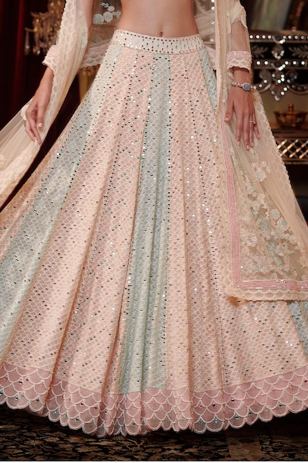 Shop_Sawan Gandhi_Multi Color Georgette Dupatta Net Mirror Kalidar Chikankari Bridal Lehenga Set _Online_at_Aza_Fashions