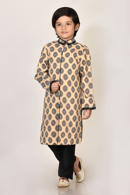 Petite Pomme Beige Handloom Cotton, Silk Lace, Embroidery Kurta And Pant Set