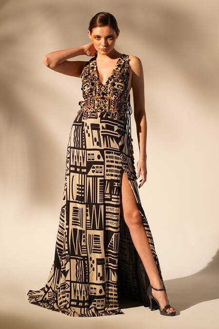 Nikita Mhaisalkar_Black Georgette Tassels Plunge Neck Aztec Print And Hand Embellished Gown _Online_at_Aza_Fashions