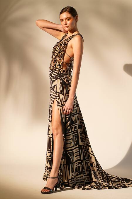 Buy_Nikita Mhaisalkar_Black Georgette Tassels Plunge Neck Aztec Print And Hand Embellished Gown _Online_at_Aza_Fashions