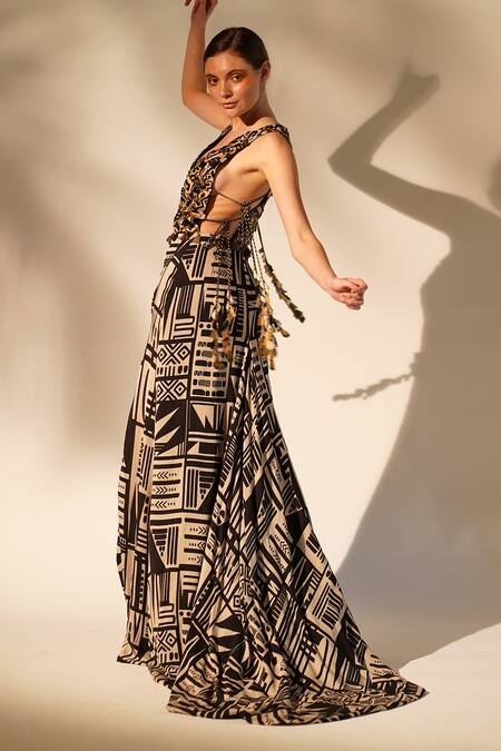 Shop_Nikita Mhaisalkar_Black Georgette Tassels Plunge Neck Aztec Print And Hand Embellished Gown _Online_at_Aza_Fashions