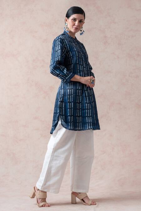 Buy Thetaa Blue Polyester Printed Stripes Band Collar Kurta Set With Contrast Pant Online at Aza Fashions Buy_Thetaa_Blue Polyester Printed Stripes Band Collar Kurta Set With Contrast Pant_Online_at_Aza_Fashions