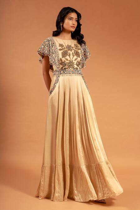 Sejal Kamdar Beige Satin, Silk Beads, Rhinestones Round Neck Floral Bodice Embroidered Gown Online at Aza Fashions Sejal Kamdar_Beige Satin, Silk Beads, Rhinestones Round Neck Floral Bodice Embroidered Gown _Online_at_Aza_Fashions