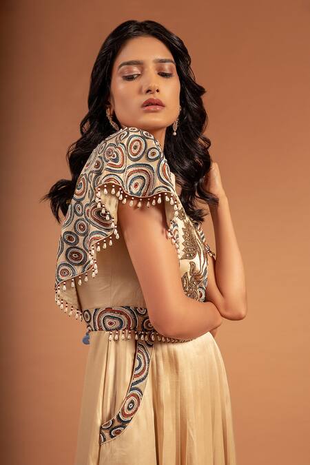 Shop Sejal Kamdar Beige Satin, Silk Beads, Rhinestones Round Neck Floral Bodice Embroidered Gown Online at Aza Fashions Shop_Sejal Kamdar_Beige Satin, Silk Beads, Rhinestones Round Neck Floral Bodice Embroidered Gown _Online_at_Aza_Fashions