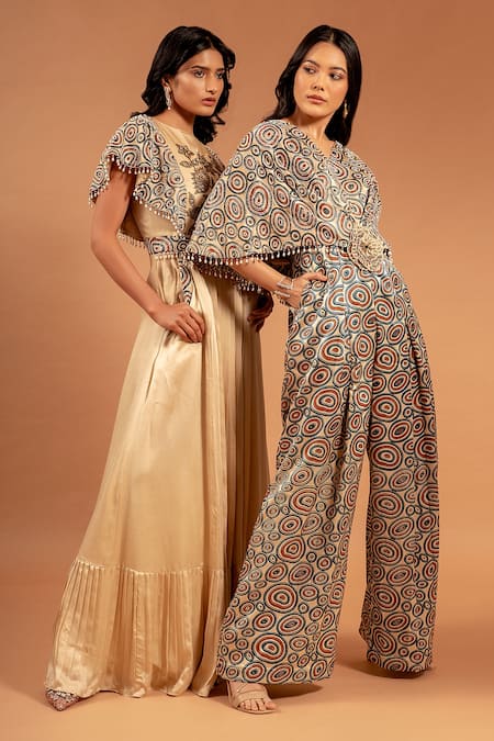 Buy_Sejal Kamdar_Beige Pure Satin Crepe And Gajji Silk Print & Ajrakh Wide Leg Jumpsuit  _Online_at_Aza_Fashions