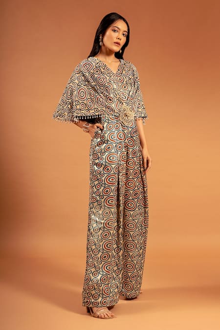Shop_Sejal Kamdar_Beige Pure Satin Crepe And Gajji Silk Print & Ajrakh Wide Leg Jumpsuit  _Online_at_Aza_Fashions
