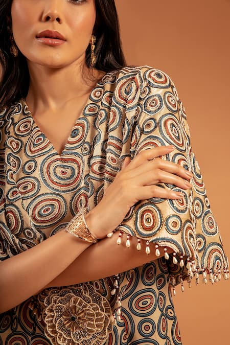 Sejal Kamdar_Beige Pure Satin Crepe And Gajji Silk Print & Ajrakh Wide Leg Jumpsuit  _at_Aza_Fashions