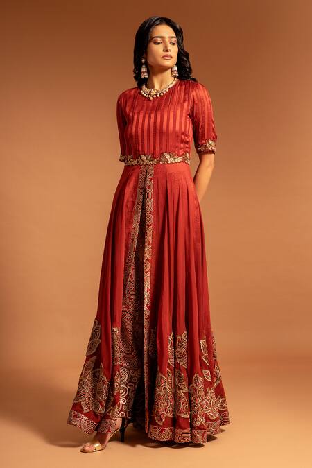 Sejal Kamdar_Maroon Pure Satin Crepe Patch Work Ajrak Round Anarakali With Pant  _Online_at_Aza_Fashions