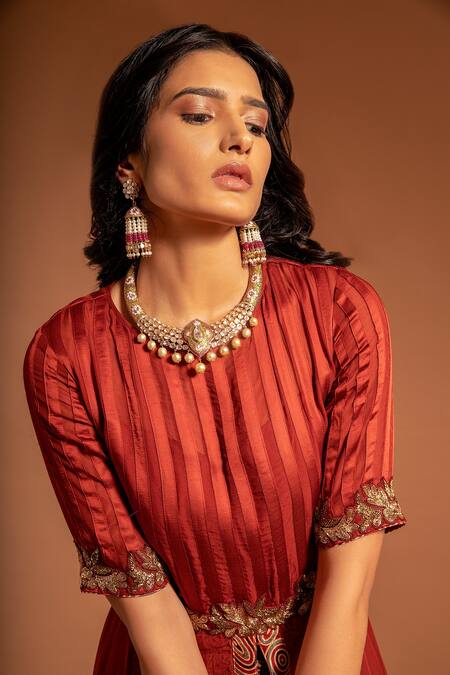 Buy_Sejal Kamdar_Maroon Pure Satin Crepe Patch Work Ajrak Round Anarakali With Pant  _Online_at_Aza_Fashions