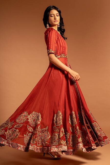 Shop_Sejal Kamdar_Maroon Pure Satin Crepe Patch Work Ajrak Round Anarakali With Pant  _Online_at_Aza_Fashions