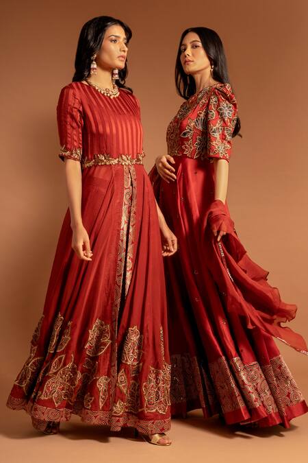 Sejal Kamdar_Maroon Pure Satin Crepe Patch Work Ajrak Round Anarakali With Pant  _at_Aza_Fashions
