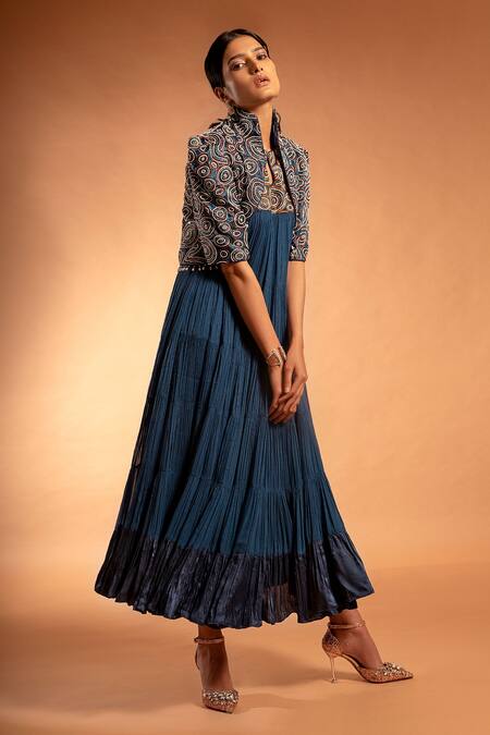 Sejal Kamdar_Blue Pure Satin Crepe Embellished Ajrak Yoke Anarkali With Jacket  _Online_at_Aza_Fashions