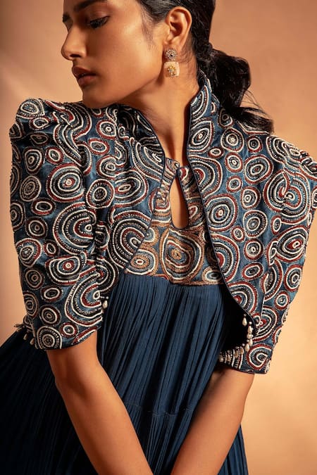 Buy_Sejal Kamdar_Blue Pure Satin Crepe Embellished Ajrak Yoke Anarkali With Jacket  _Online_at_Aza_Fashions