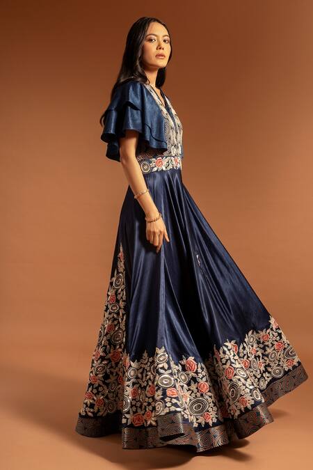 Sejal Kamdar Blue Satin, Silk Embroidery, Sequins V-neck Floral Ruffle Sleeve Gown Online at Aza Fashions Sejal Kamdar_Blue Satin, Silk Embroidery, Sequins V-neck Floral Ruffle Sleeve Gown _Online_at_Aza_Fashions