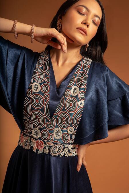 Buy Sejal Kamdar Blue Satin, Silk Embroidery, Sequins V-neck Floral Ruffle Sleeve Gown Online at Aza Fashions Buy_Sejal Kamdar_Blue Satin, Silk Embroidery, Sequins V-neck Floral Ruffle Sleeve Gown _Online_at_Aza_Fashions