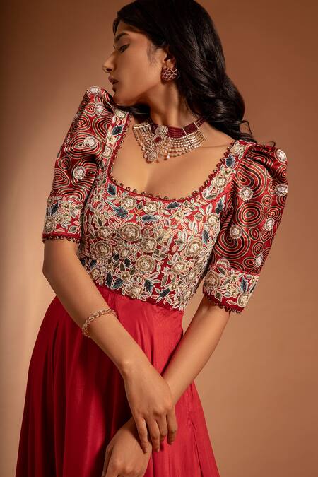 Buy Sejal Kamdar Red Pure Satin Crepe And Gajji Silk Print & Floral Yoke Umbrella Gown Online at Aza Fashions Buy_Sejal Kamdar_Red Pure Satin Crepe And Gajji Silk Print & Floral Yoke Umbrella Gown _Online_at_Aza_Fashions
