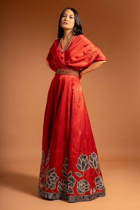 Sejal Kamdar Red Pure Satin Crepe Placement Patch Work Floral V Neck Gown With Belt Online at Aza Fashions Sejal Kamdar_Red Pure Satin Crepe Placement Patch Work Floral V Neck Gown With Belt _Online_at_Aza_Fashions