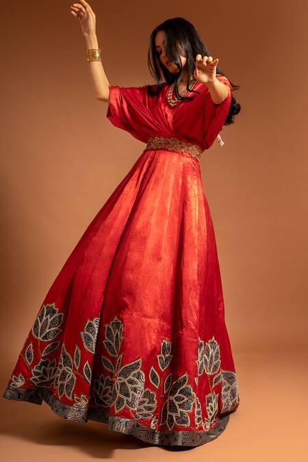 Buy Sejal Kamdar Red Pure Satin Crepe Placement Patch Work Floral V Neck Gown With Belt Online at Aza Fashions Buy_Sejal Kamdar_Red Pure Satin Crepe Placement Patch Work Floral V Neck Gown With Belt _Online_at_Aza_Fashions