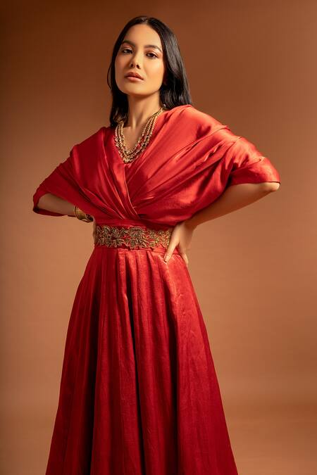 Shop Sejal Kamdar Red Pure Satin Crepe Placement Patch Work Floral V Neck Gown With Belt Online at Aza Fashions Shop_Sejal Kamdar_Red Pure Satin Crepe Placement Patch Work Floral V Neck Gown With Belt _Online_at_Aza_Fashions