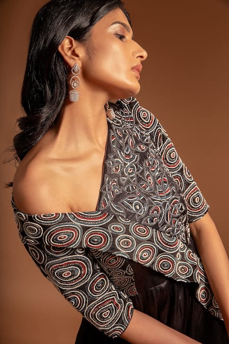 Sejal Kamdar Black Pure Satin Crepe Embellished Rhinestone Ajrak Yoke Anarkali Online at Aza Fashions Sejal Kamdar_Black Pure Satin Crepe Embellished Rhinestone Ajrak Yoke Anarkali _Online_at_Aza_Fashions