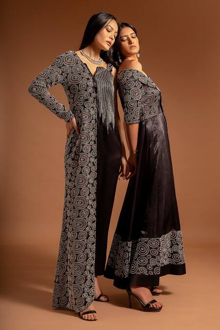 Sejal Kamdar_Black Pure Satin Crepe Embellished Ajrak Asymmetric One Flap Jumpsuit  _Online_at_Aza_Fashions