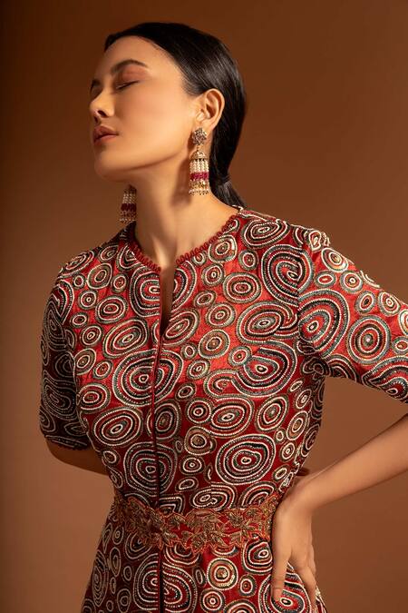Buy_Sejal Kamdar_Maroon Pure Satin Crepe Embellished Ajrak Top And Umbrella Pant Set  _Online_at_Aza_Fashions
