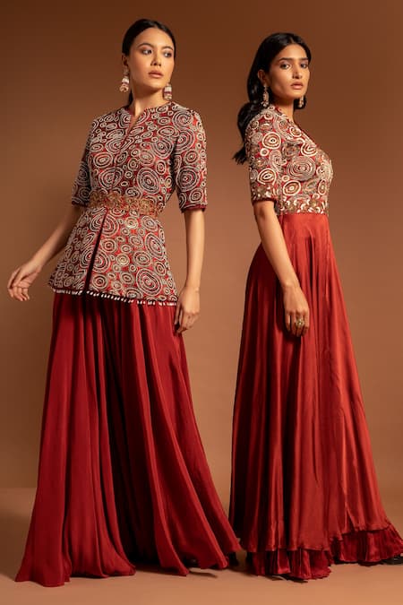 Sejal Kamdar Maroon Pure Satin Crepe Embellished Ajrak Yoke Flared Jumpsuit Online at Aza Fashions Sejal Kamdar_Maroon Pure Satin Crepe Embellished Ajrak Yoke Flared Jumpsuit _Online_at_Aza_Fashions