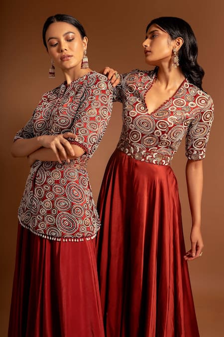 Buy Sejal Kamdar Maroon Pure Satin Crepe Embellished Ajrak Yoke Flared Jumpsuit Online at Aza Fashions Buy_Sejal Kamdar_Maroon Pure Satin Crepe Embellished Ajrak Yoke Flared Jumpsuit _Online_at_Aza_Fashions