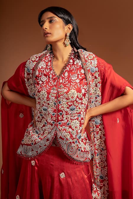 Buy Sejal Kamdar Red Silk, Satin Placement Floral Embellished Lehenga And Koti Jacket Set Online at Aza Fashions Buy_Sejal Kamdar_Red Silk, Satin Placement Floral Embellished Lehenga And Koti Jacket Set _Online_at_Aza_Fashions