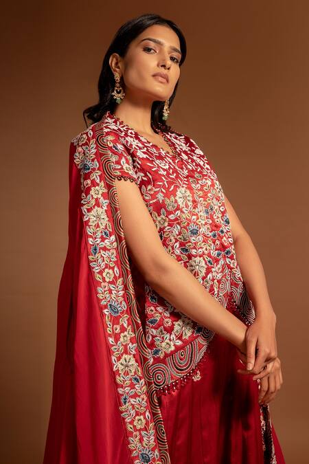 Shop Sejal Kamdar Red Silk, Satin Placement Floral Embellished Lehenga And Koti Jacket Set Online at Aza Fashions Shop_Sejal Kamdar_Red Silk, Satin Placement Floral Embellished Lehenga And Koti Jacket Set _Online_at_Aza_Fashions