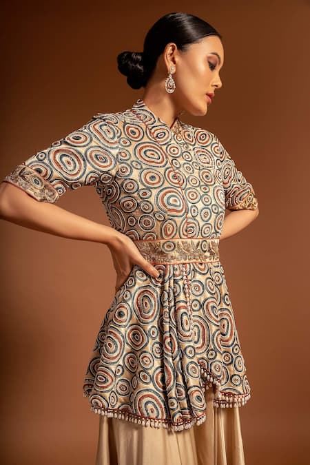 Buy Sejal Kamdar Beige Pure Satin Crepe Embellished Cutdana Ajrak Peplum Jumpsuit Online at Aza Fashions Buy_Sejal Kamdar_Beige Pure Satin Crepe Embellished Cutdana Ajrak Peplum Jumpsuit _Online_at_Aza_Fashions