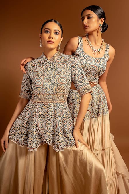 Shop Sejal Kamdar Beige Pure Satin Crepe Embellished Cutdana Ajrak Peplum Jumpsuit Online at Aza Fashions Shop_Sejal Kamdar_Beige Pure Satin Crepe Embellished Cutdana Ajrak Peplum Jumpsuit _Online_at_Aza_Fashions
