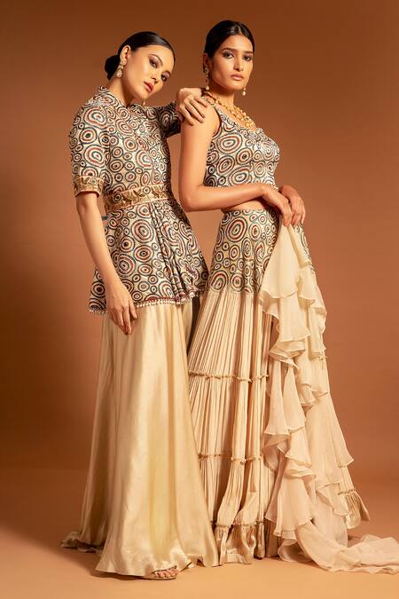 Sejal Kamdar Beige Pure Satin Crepe Embellished Cutdana Ajrak Peplum Jumpsuit at Aza Fashions Sejal Kamdar_Beige Pure Satin Crepe Embellished Cutdana Ajrak Peplum Jumpsuit _at_Aza_Fashions