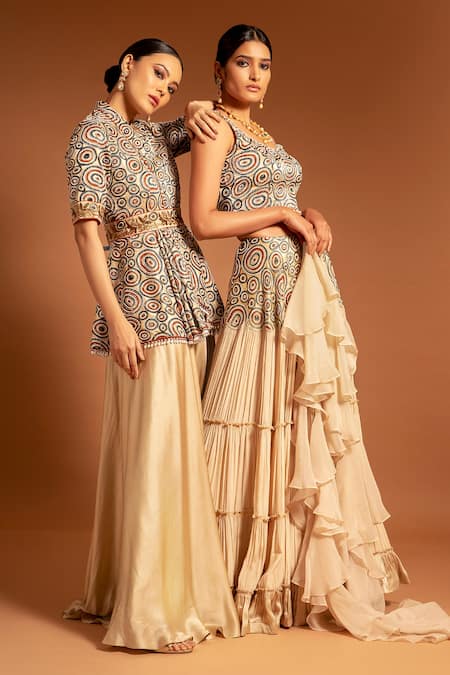 Shop Sejal Kamdar Ivory Pure Satin Crepe Embellished Ajrak Scoop And Gajji Silk Tiered Lehenga Set Online at Aza Fashions Shop_Sejal Kamdar_Ivory Pure Satin Crepe Embellished Ajrak Scoop And Gajji Silk Tiered Lehenga Set _Online_at_Aza_Fashions