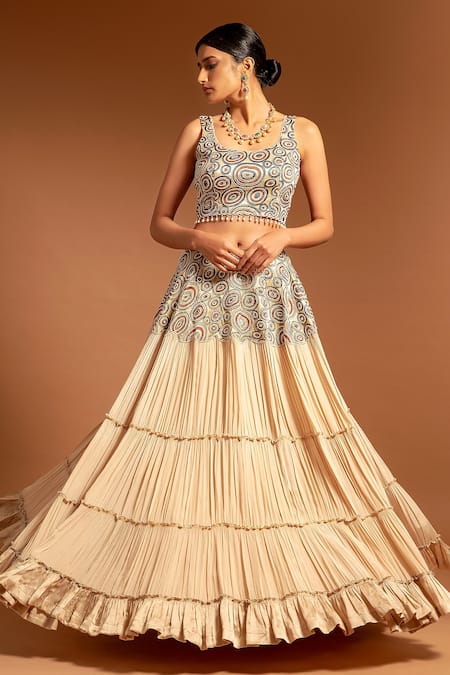 Buy Sejal Kamdar Ivory Pure Satin Crepe Embellished Ajrak Scoop And Gajji Silk Tiered Lehenga Set Buy_Sejal Kamdar_Ivory Pure Satin Crepe Embellished Ajrak Scoop And Gajji Silk Tiered Lehenga Set