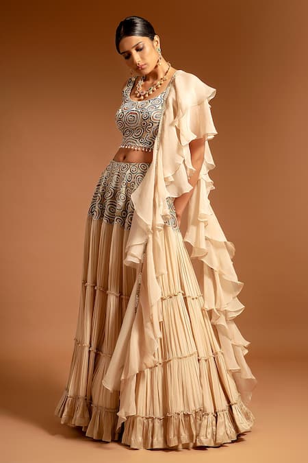 Shop Sejal Kamdar Ivory Pure Satin Crepe Embellished Ajrak Scoop And Gajji Silk Tiered Lehenga Set Shop_Sejal Kamdar_Ivory Pure Satin Crepe Embellished Ajrak Scoop And Gajji Silk Tiered Lehenga Set