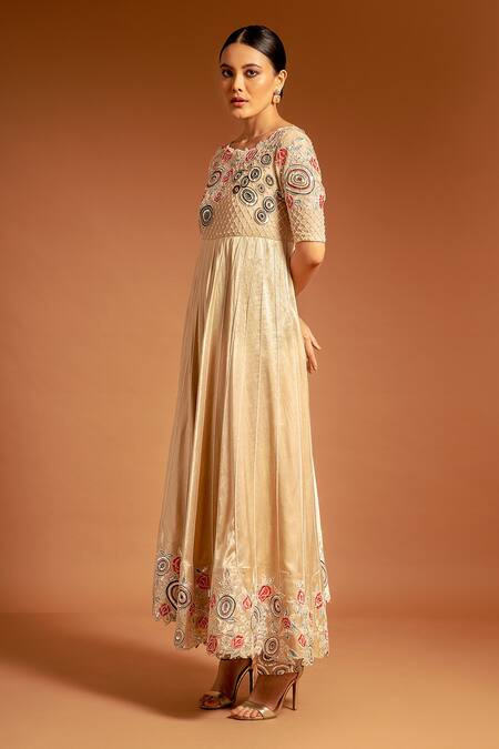 Buy Sejal Kamdar Beige Pure Satin Crepe Embellished Ajrak Floral And Anarkali With Pant Online at Aza Fashions Buy_Sejal Kamdar_Beige Pure Satin Crepe Embellished Ajrak Floral And Anarkali With Pant _Online_at_Aza_Fashions